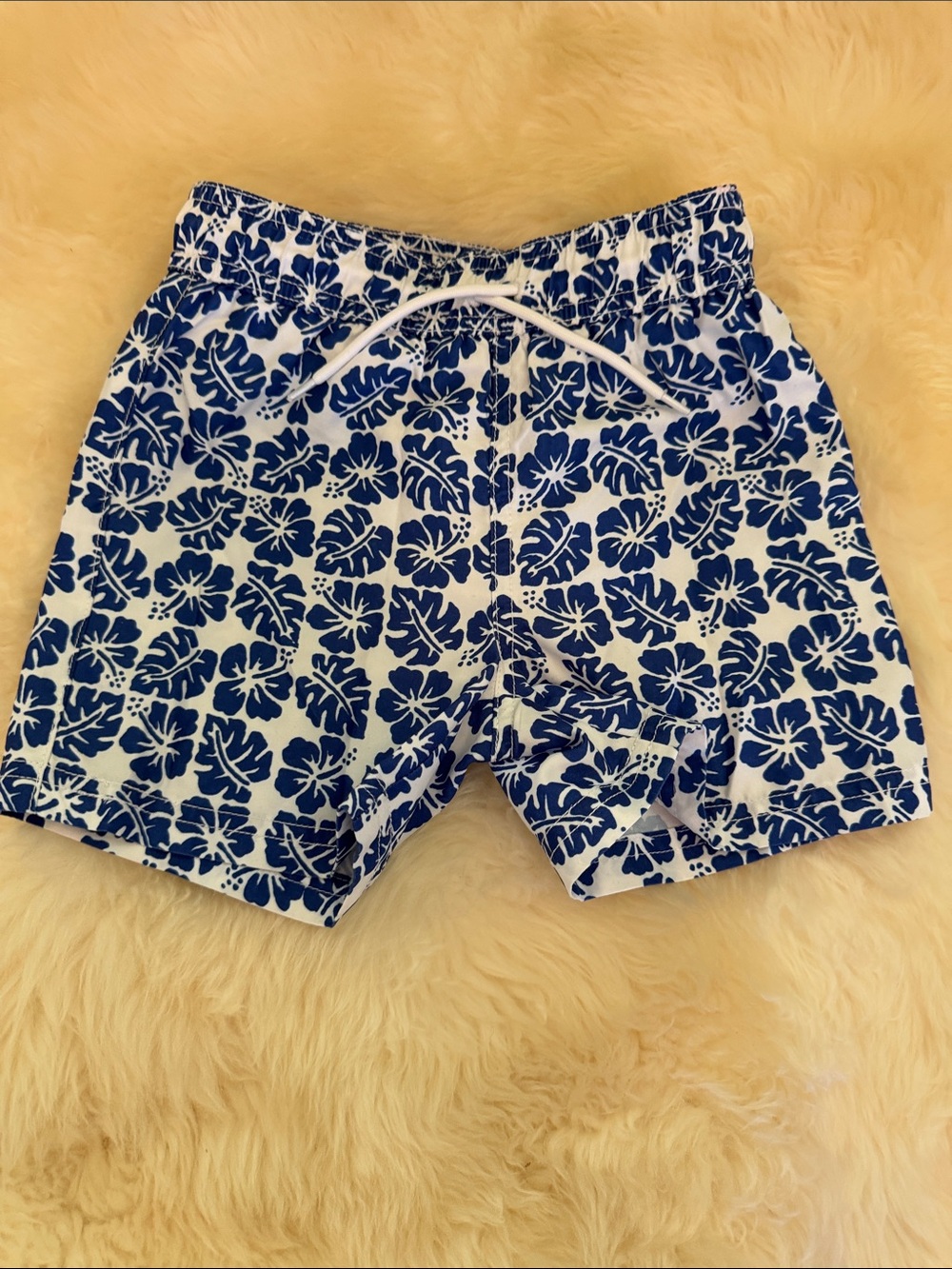 Janie and Jack Blue and White Tropical Print Swim Trunks